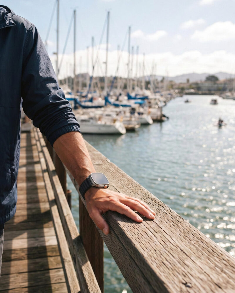 Alpine Loop smartwatch band in black worn at sailboat marina