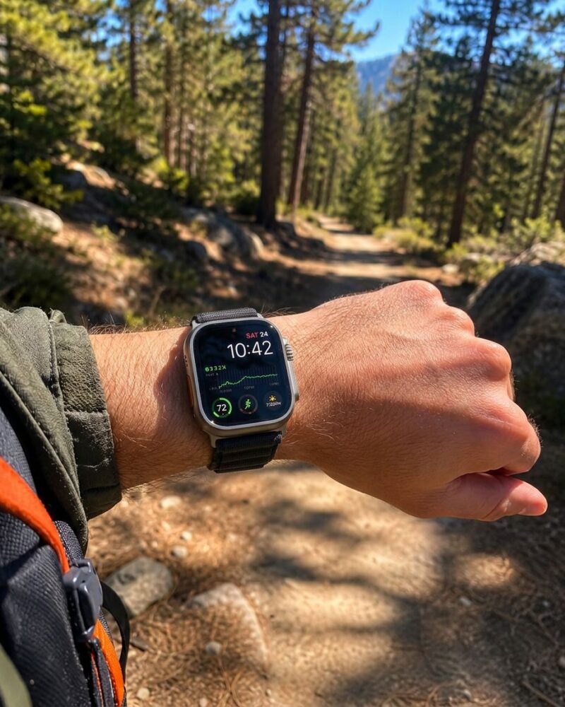 Apple Watch with black sport loop band on wrist during forest hiking trail