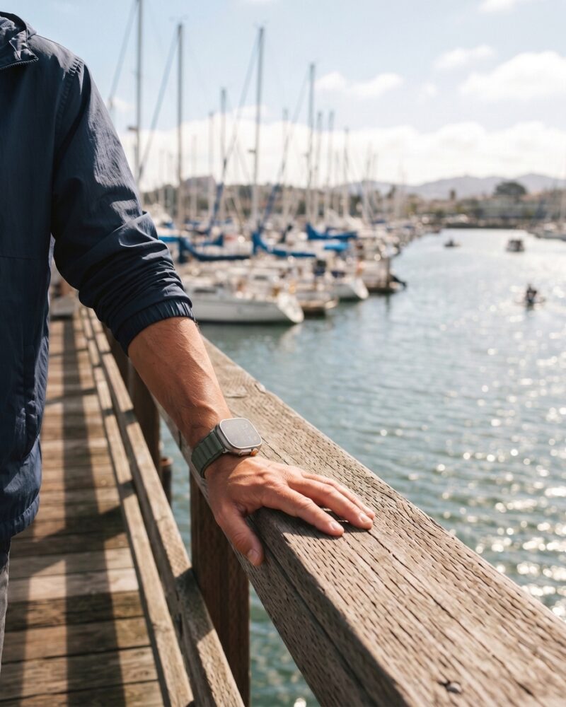 Person wearing Alpine Loop green watch band at marina with sailboats
