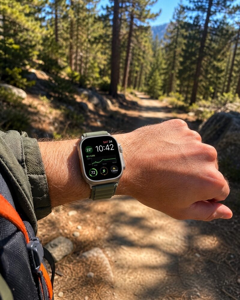 Smartwatch with green sport band on wrist hiking forest trail
