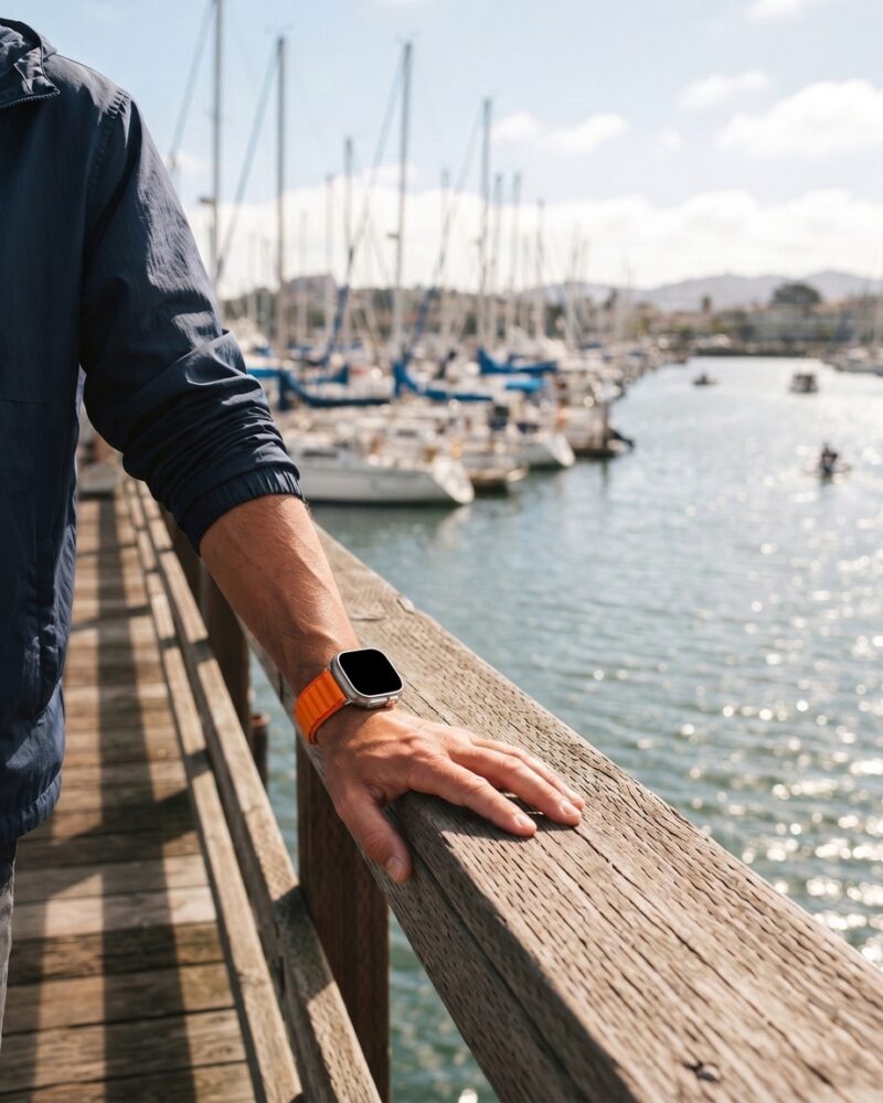 Orange smartwatch band displayed on wrist at sailing marina dock