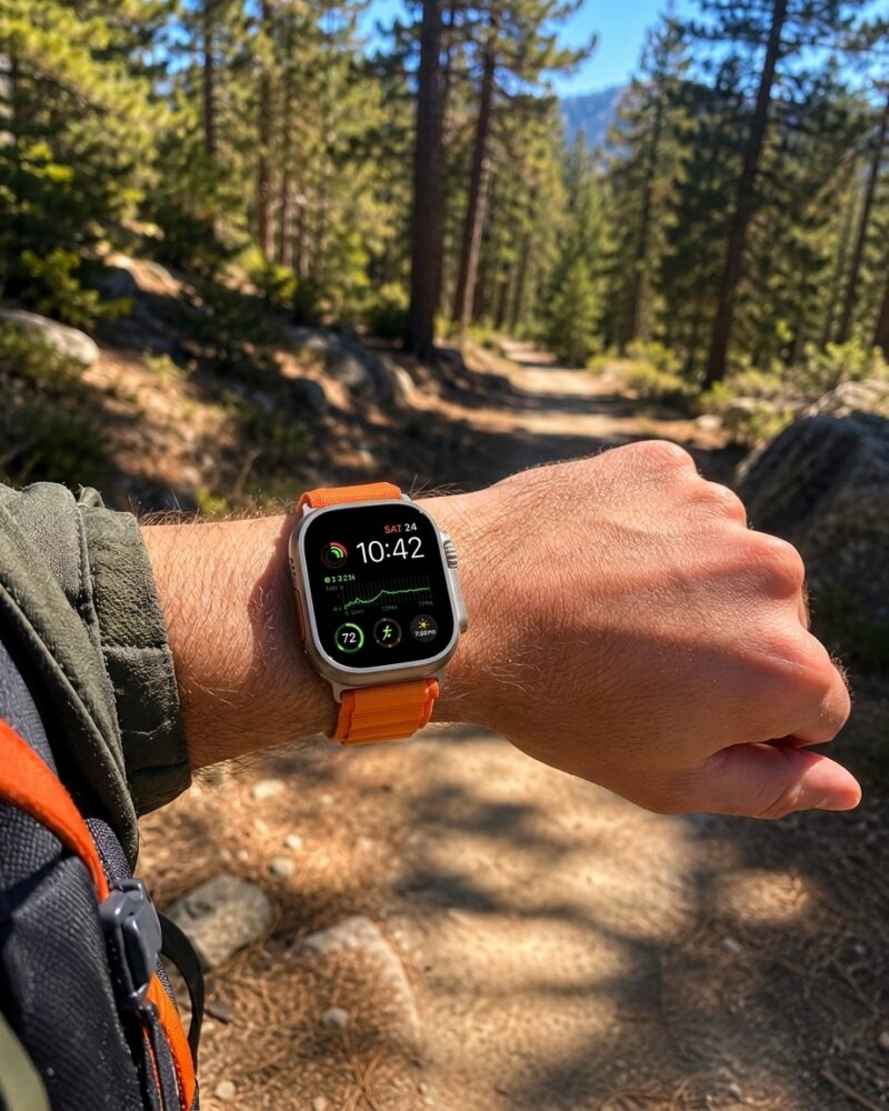 Orange smartwatch with activity tracking displayed on wrist during forest hike