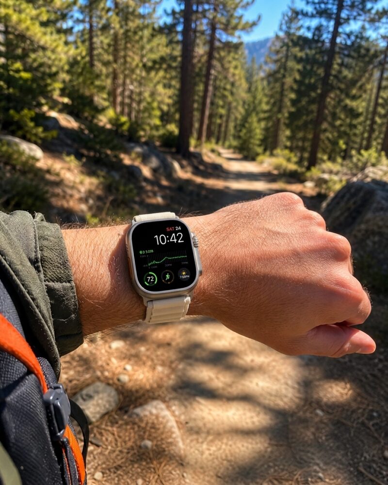 Apple Watch Starlight on wrist hiking forest trail outdoors