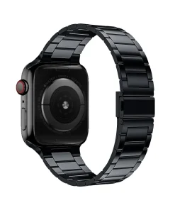 Black stainless steel smartwatch band with classic link bracelet design
