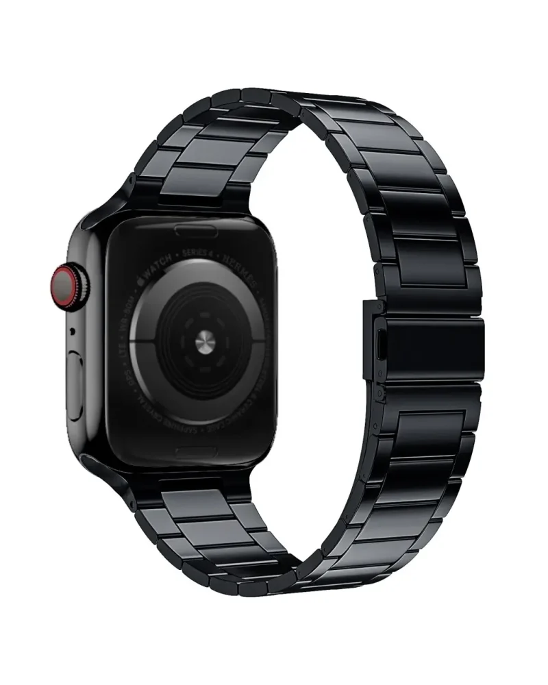 Black stainless steel smartwatch band with classic link bracelet design