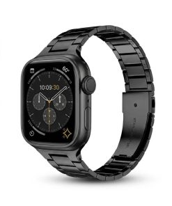 Black stainless steel smartwatch with chronograph dial and metal band