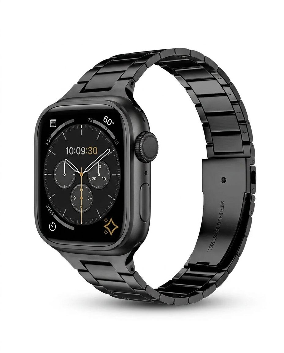 Black stainless steel smartwatch with chronograph dial and metal band