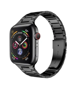 Black stainless steel smartwatch with colorful digital display and metal band