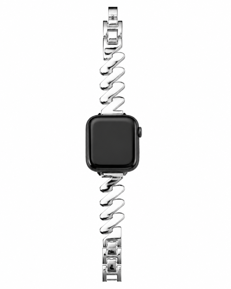 Apple Watch with silver chain link band and black square face