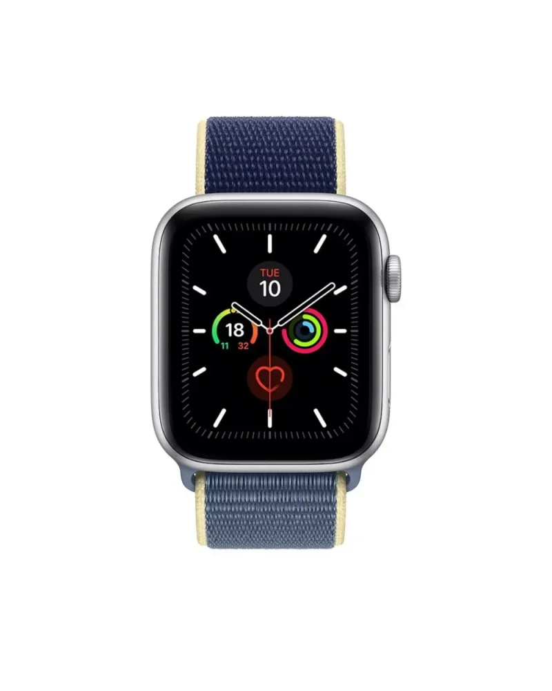 Apple Watch Series 5 with Alaskan Blue sport loop band and activity rings display