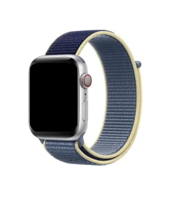 Silver Apple Watch with Alaskan Blue and cream nylon sport loop band