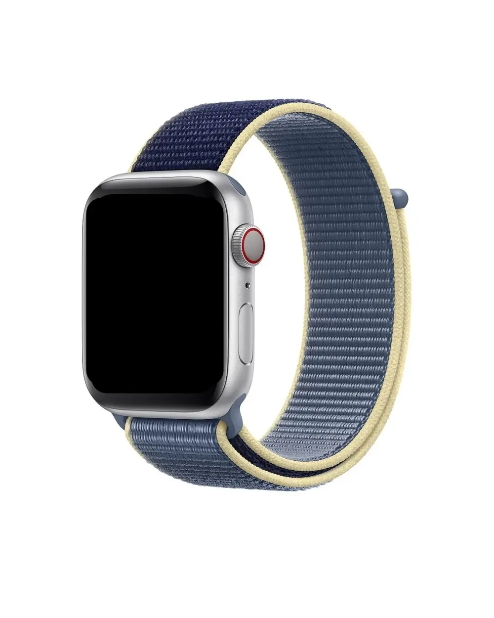 Silver Apple Watch with Alaskan Blue and cream nylon sport loop band