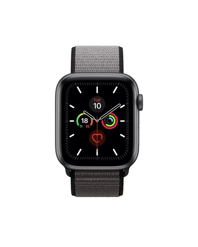 Black smartwatch with gray sport loop band displaying fitness rings and time