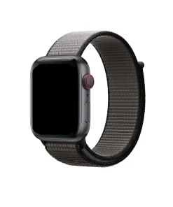 Black sport smartwatch with gray nylon sport loop band and red crown
