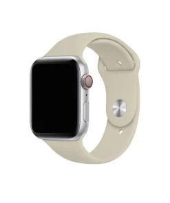 Silver smartwatch with antique white sport band and digital crown