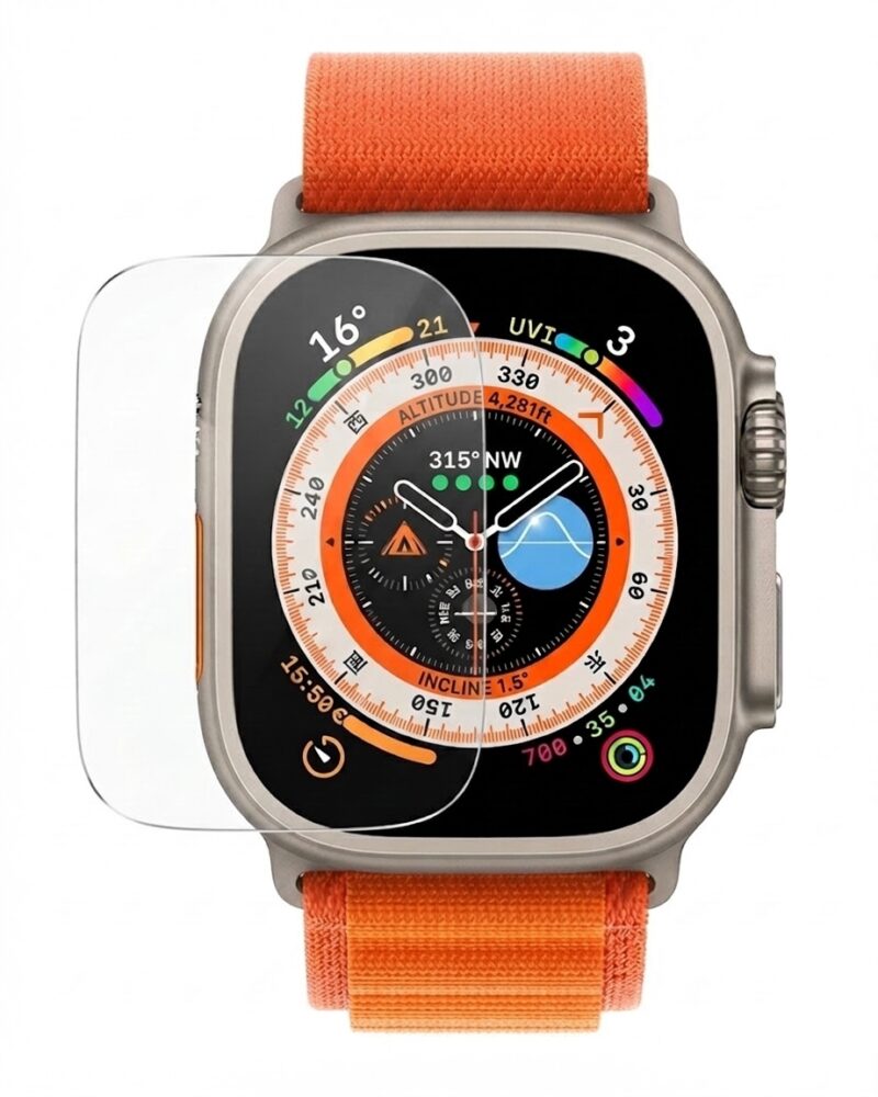 Apple Watch Ultra with orange sport band and compass watch face displayed