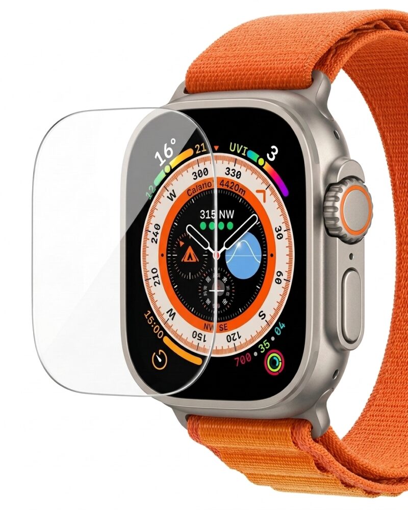 Tempered glass screen protector for smartwatch with orange sport band