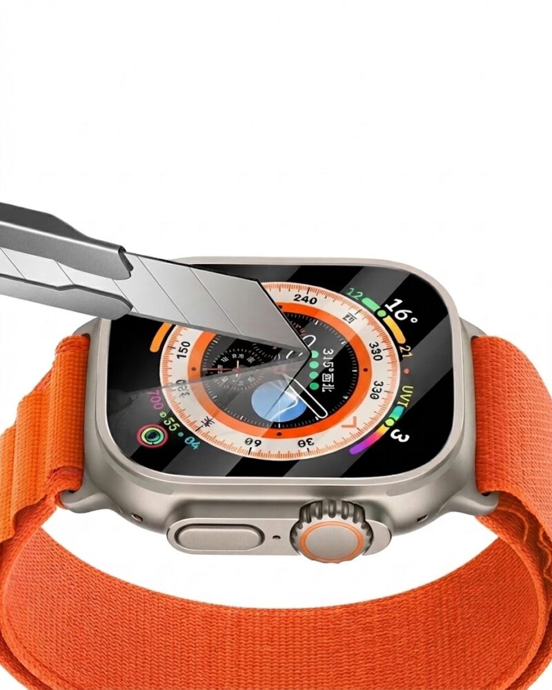 Apple Watch Ultra with orange sport band and compass dial display