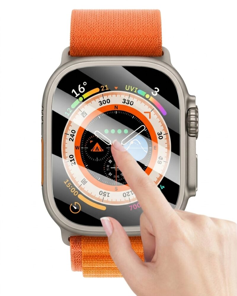 Smartwatch with orange fabric band displaying compass and weather dial face