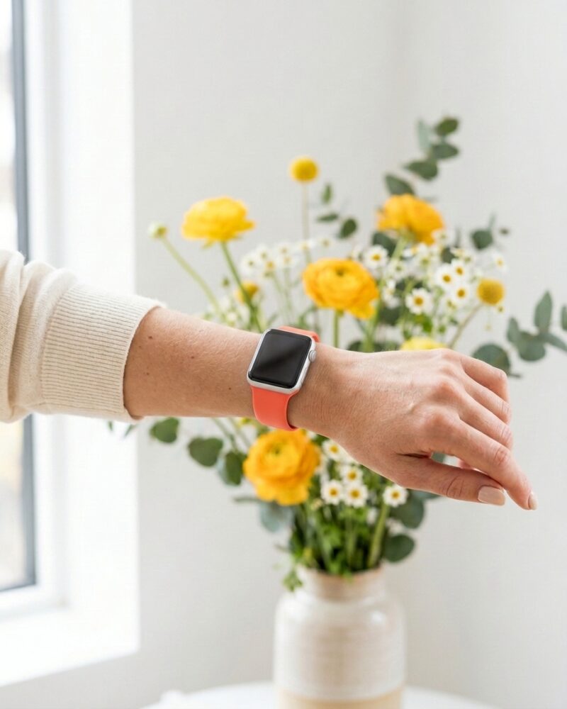 Woman wearing coral apricot sport band smartwatch with yellow flowers background