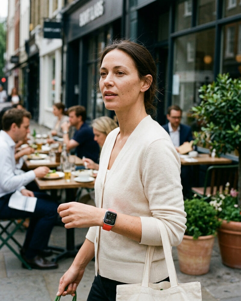 Woman wearing apricot sport band smartwatch in urban outdoor setting