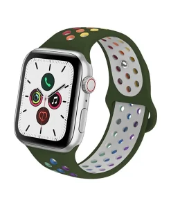 Green sport band smartwatch with colorful rainbow pride dot design pattern