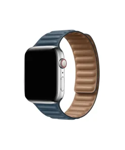 Apple Watch Leather Link band in Baltic Blue with tan leather design