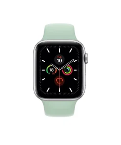 Silver smartwatch with mint green sport band displaying fitness rings