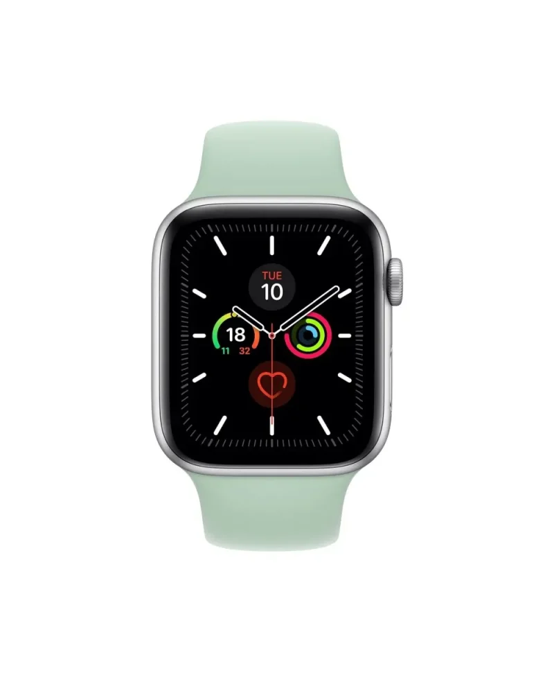 Silver smartwatch with mint green sport band displaying fitness rings
