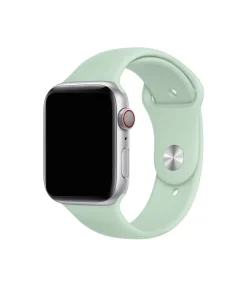 Silver Apple Watch with beryl green sport band and red digital crown