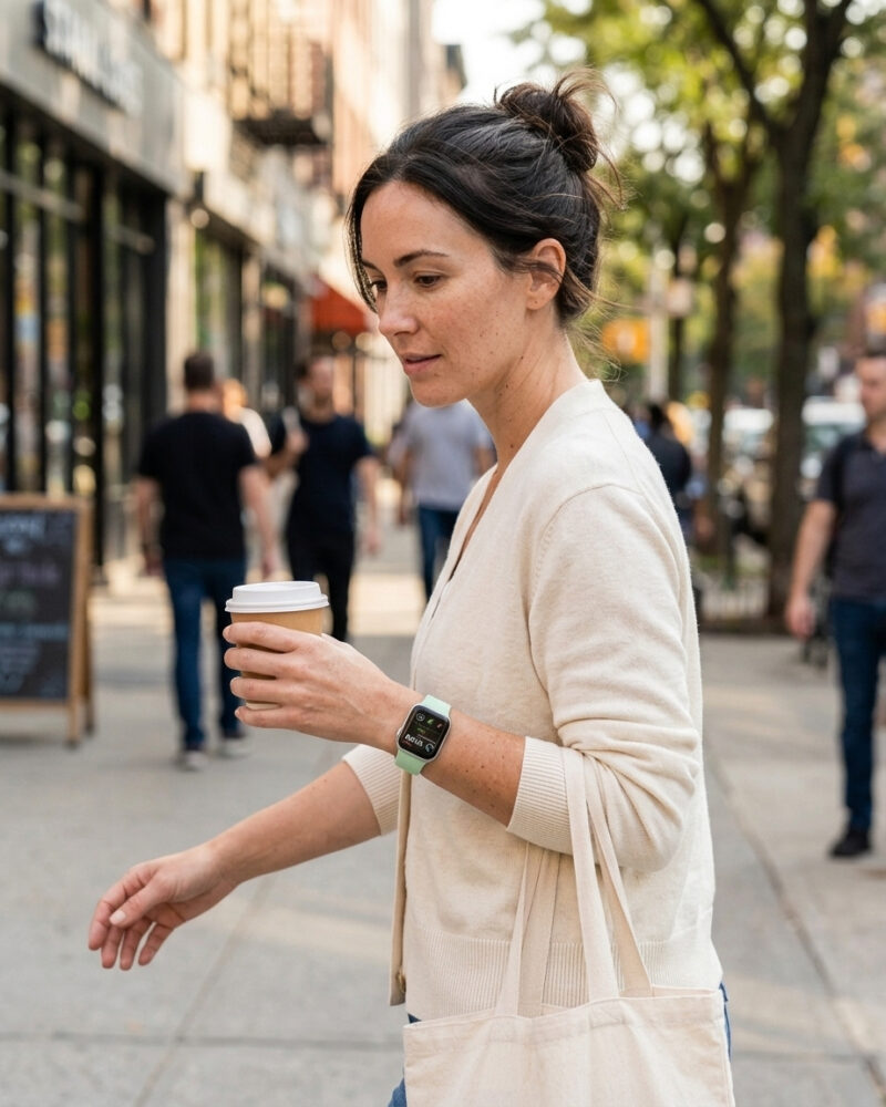 Woman wearing beryl sport band smartwatch on urban street while holding coffee