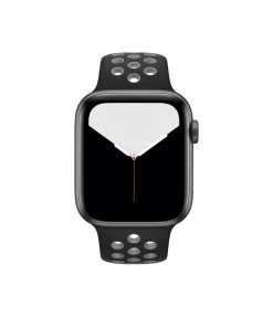 Black sport smartwatch with perforated grey band and digital display