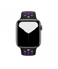 Black sport smartwatch with purple perforated band and digital display