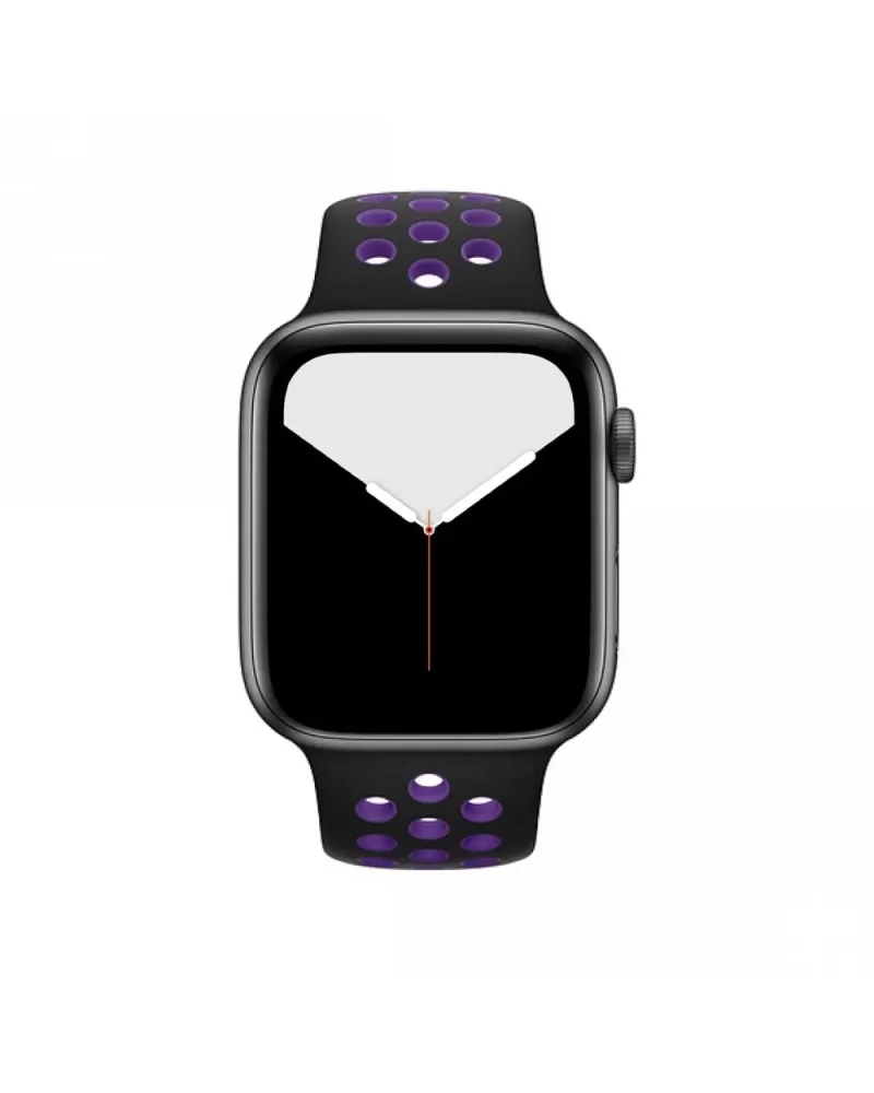 Black sport smartwatch with purple perforated band and digital display