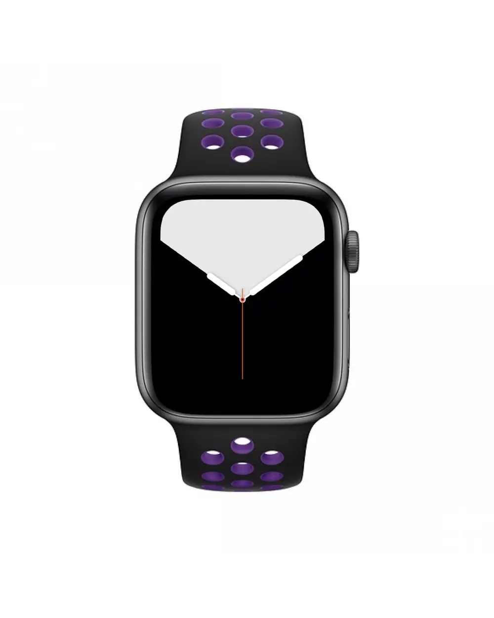 Black sport smartwatch with purple perforated band and digital display