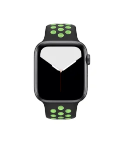 Black smartwatch with lime green sport band perforated holes and digital display