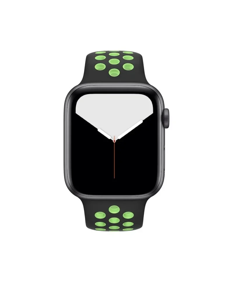 Black smartwatch with lime green sport band perforated holes and digital display