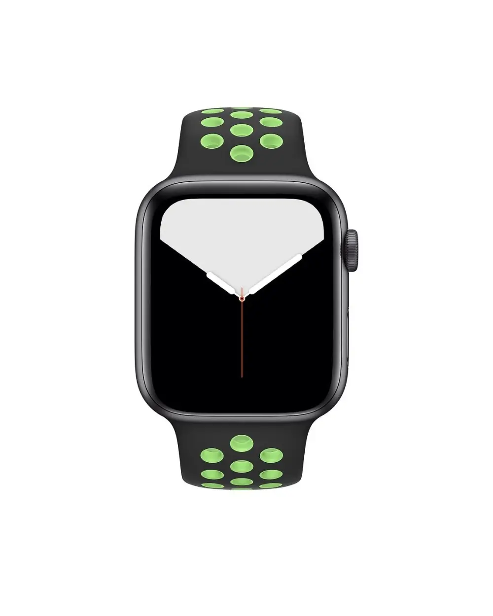 Black smartwatch with lime green sport band perforated holes and digital display