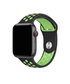 Black and lime green sport smartwatch band with perforated design and silver clasp