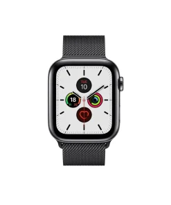 Black Milanese loop stainless steel smartwatch with white dial and activity rings