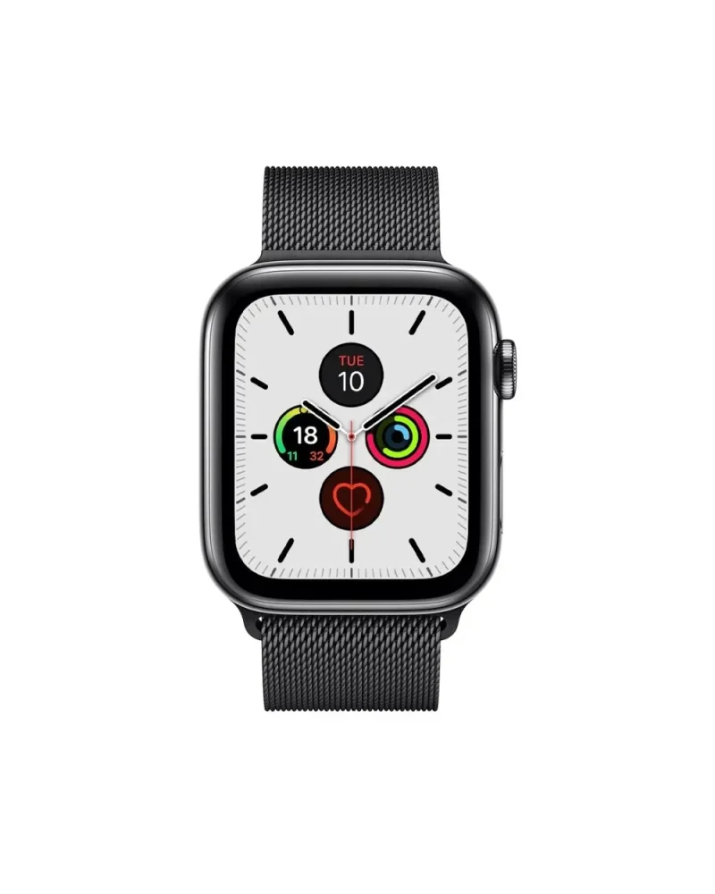 Black Milanese loop stainless steel smartwatch with white dial and activity rings