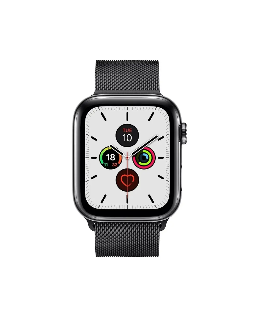 Black Milanese loop stainless steel smartwatch with white dial and activity rings