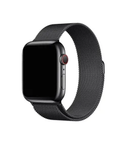 Black stainless steel smartwatch with milanese loop mesh band