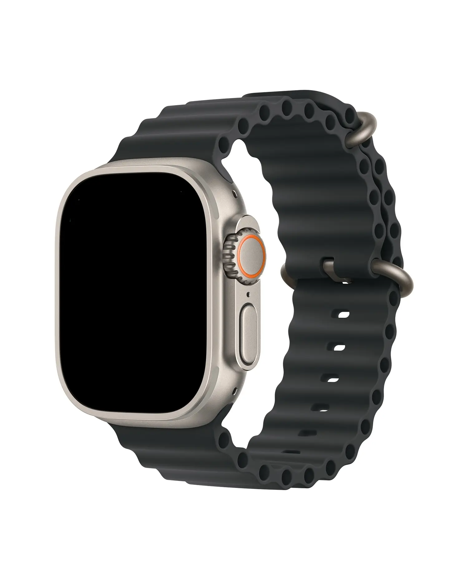 Black ocean band with titanium case smartwatch, featuring orange digital crown button