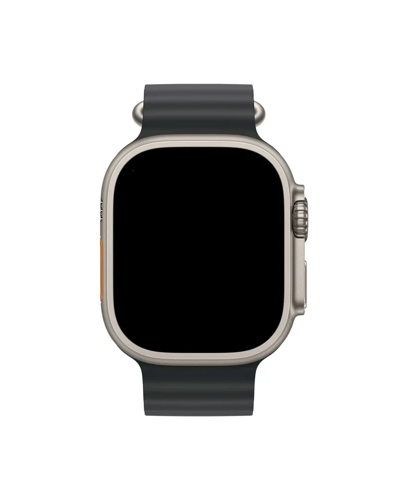 Titanium smartwatch with black sport band and orange accent detail