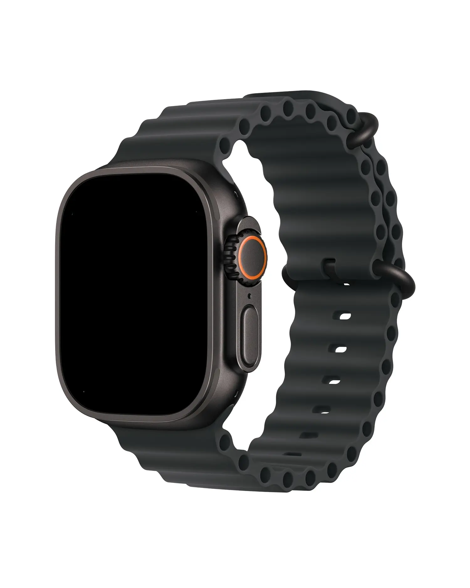 Black silicone ocean band smartwatch strap with orange digital crown accent