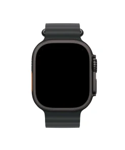 Black smartwatch with silicone band and orange accent button, front view