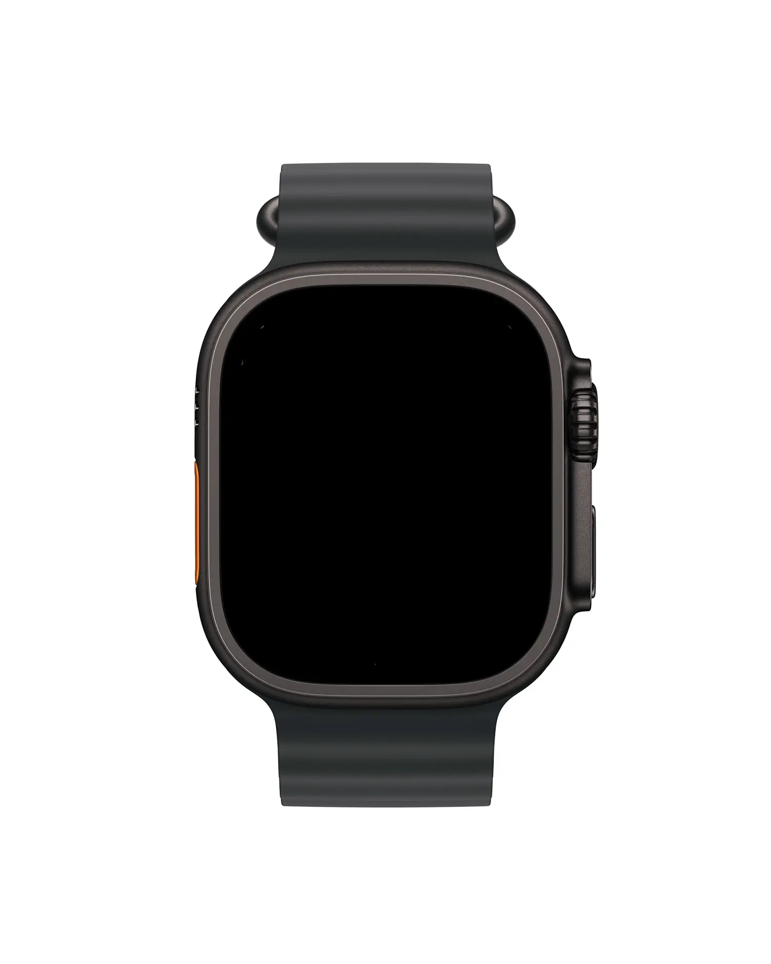 Black smartwatch with silicone band and orange accent button, front view