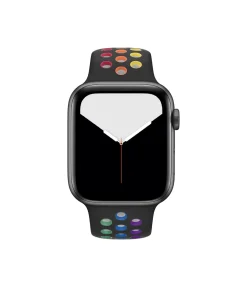 Black smartwatch with rainbow pride sport band featuring colorful dot pattern