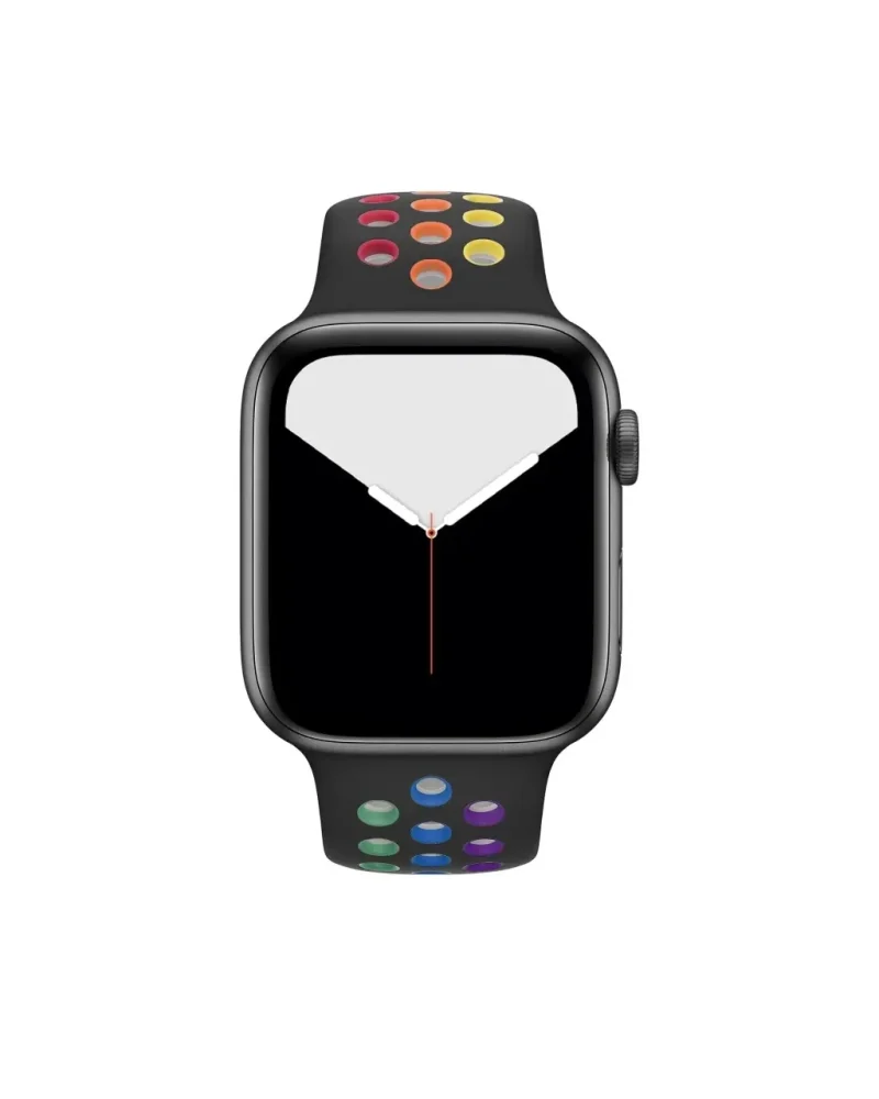 Black smartwatch with rainbow pride sport band featuring colorful dot pattern
